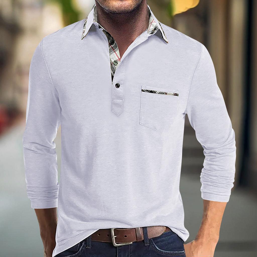 Мужская весенне-осенняя однотонная футболка с лацканами, 3 пуговицы, открытая планка и пуговицы, топ с длинными рукавами