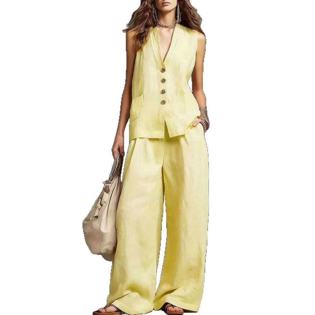 2026 European and American cross-border Amazon new women's sleeveless vest vest wide-leg pants cotton and linen two-piece women's clothing