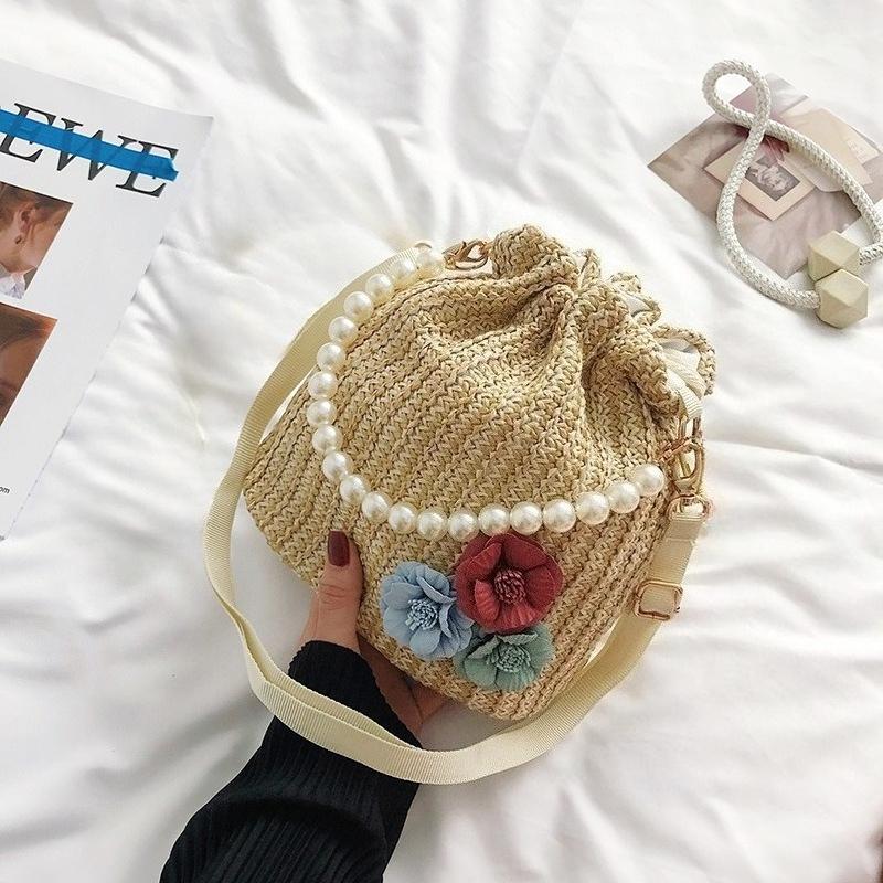 Маленькая плетеная сумка Fresh Flower с жемчужной цепочкой, сумка-тоут Holiday Wind Beach Crossbody Bucket Bag