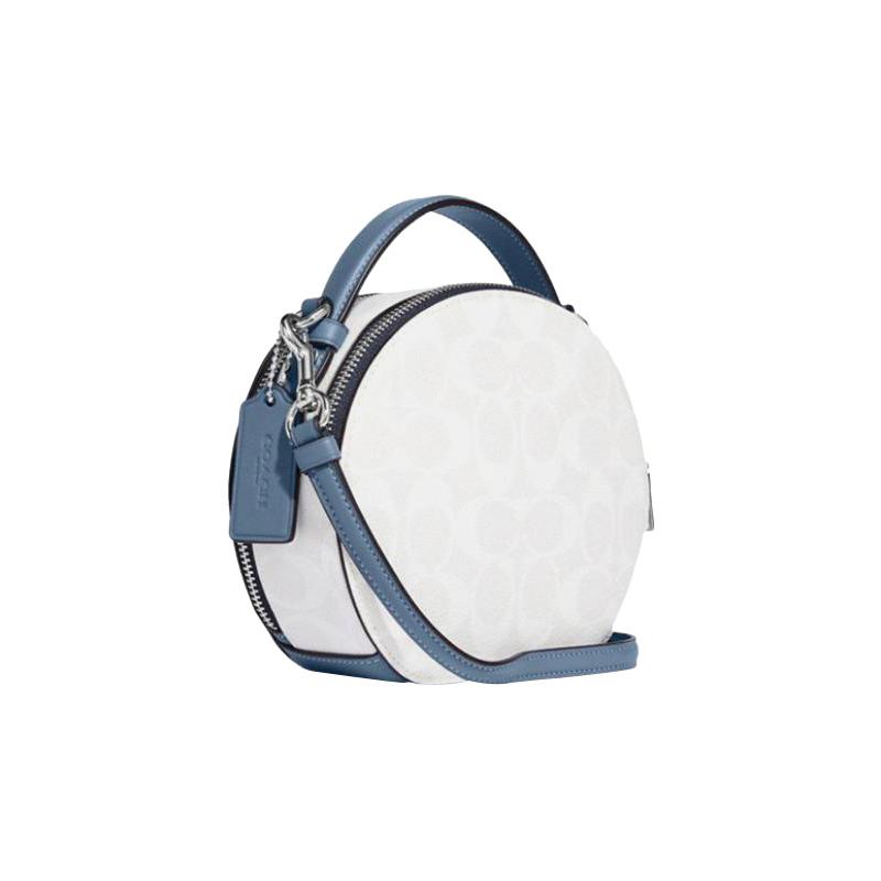 COACH Canteen 18 double zipper monogram print, artificial leather, hand-held crossbody bag, medium size, women's, chalk white with indigo blue