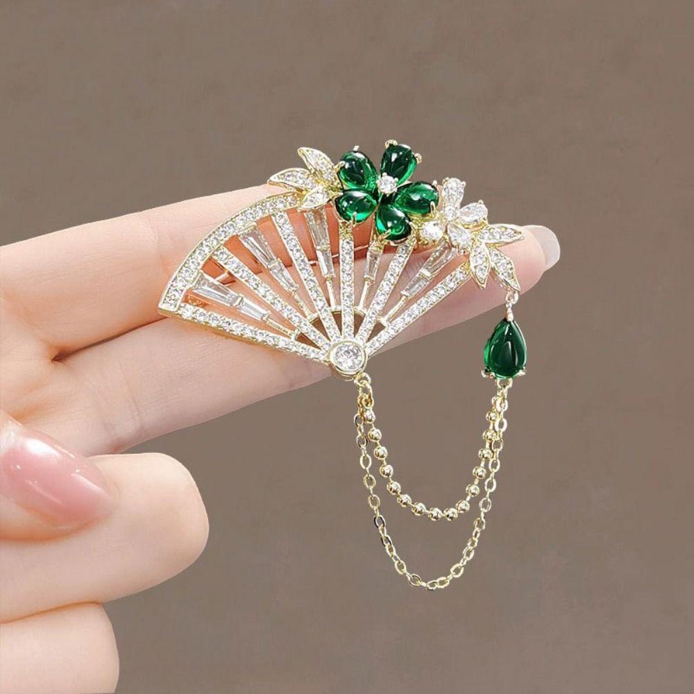 Anti-exposure Pink Peony Flower Brooch Chinese Style Tassel Fan Brooch Jewelry Accessories