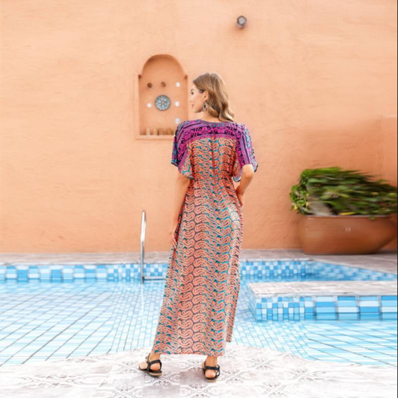 Накидки на бикини, богемное кимоно с принтом, зеленая туника, женская пляжная одежда больших размеров, Глубокий v-образный вырез спереди, открытое макси-платье, купальный костюм, накидка