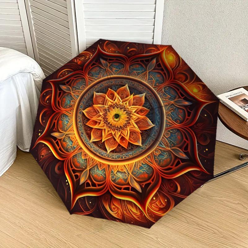 1pc Mandala with fiery lotus design. Umbrella with Plastic Handle,Suitable for All Seasons Home Travel Outdoor UmbrellaDD1156