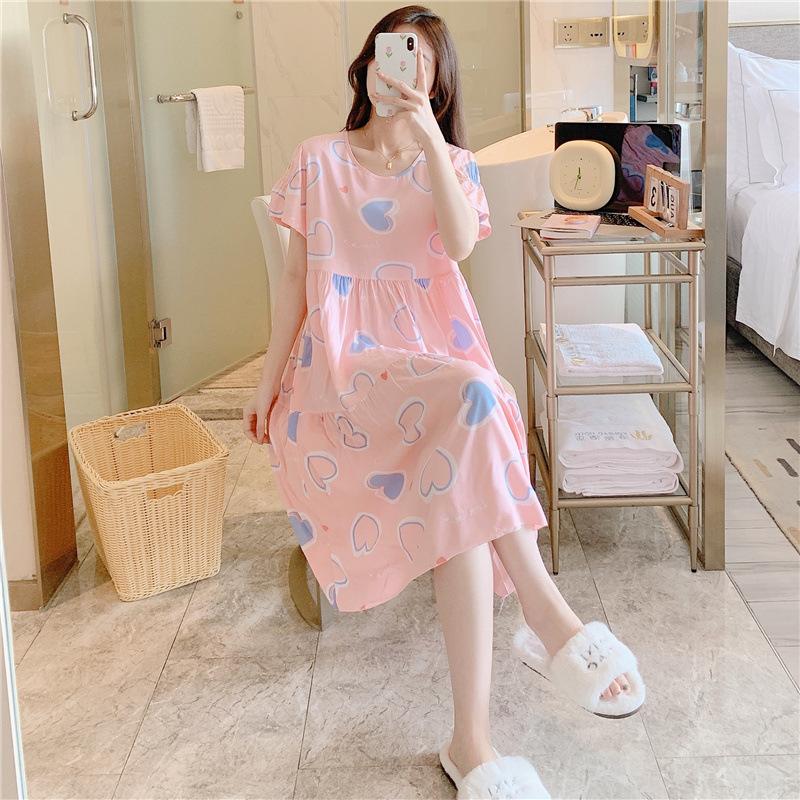 Summer Ladies Cotton Silk Nightgown Female Spring and Autumn Leisure Short-Sleeved Large Size Pajamas Thin Section Homewear
