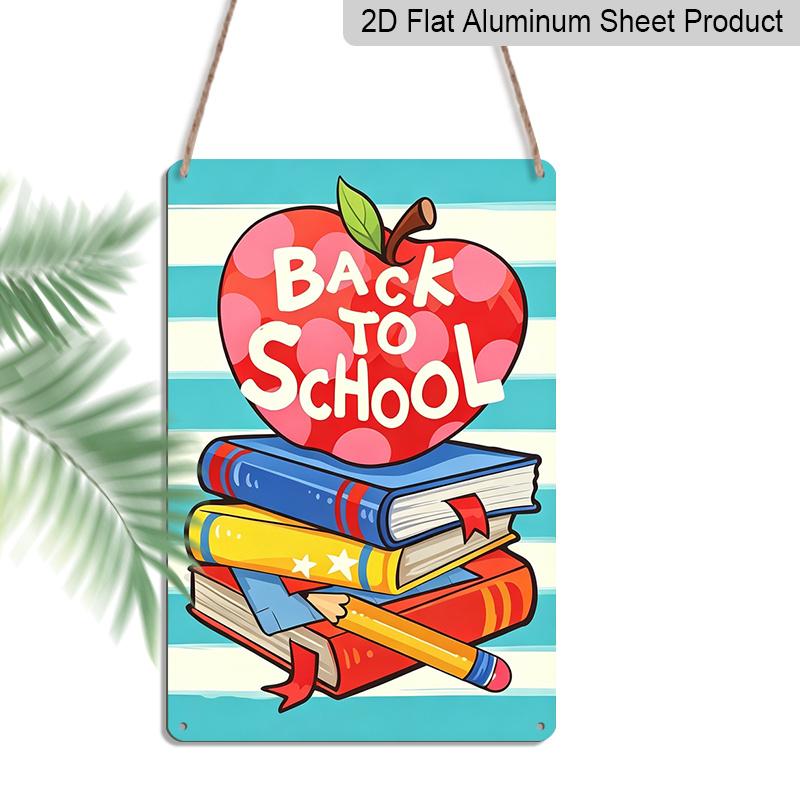 2D Flat, 1pc Cute "Back To School" Metal Wall Art Sign with Apple & Book Stack - 8*12 Inch Aluminium Rustic Classroom Decor, Colorful Cartoon Style
