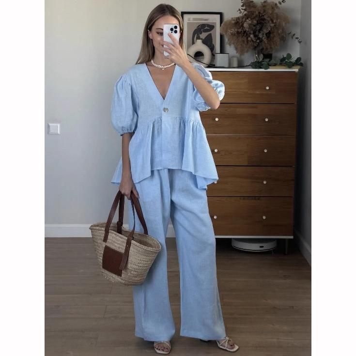 Women Spring Summer Holiday Pant Set Suits Cotton Solid Outfits V Neck Two Piece Matching Set Women