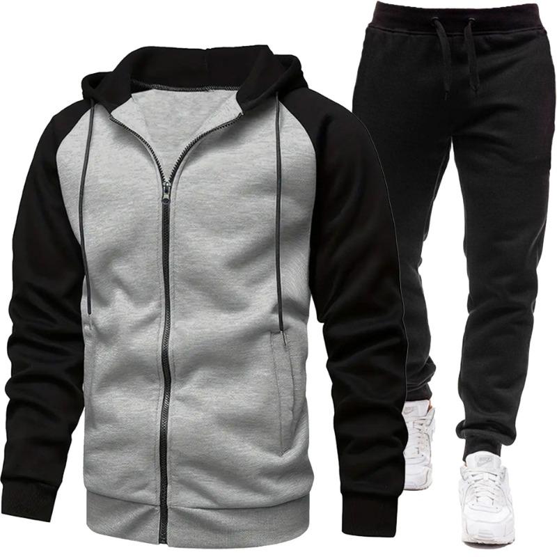 Men's Fashion Color Blocked Coat Long Sleeve Casual Sports Set Men's Top Pants