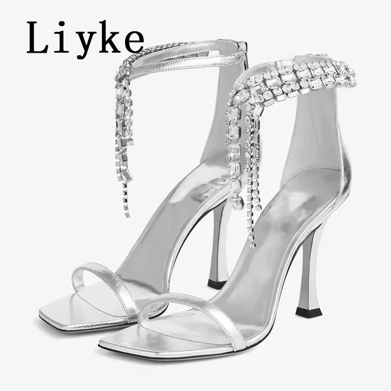Fashion Liyke 2025 New Fashion Crystal Tassels Woman Sandals Sexy Ankle Zip Cover Strap Rhinestone High Heels Wedding Party Shoes Women