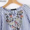 ZANZEA Women Casual V-neck 3/4 Sleeve Embroidery Stripe Blouse