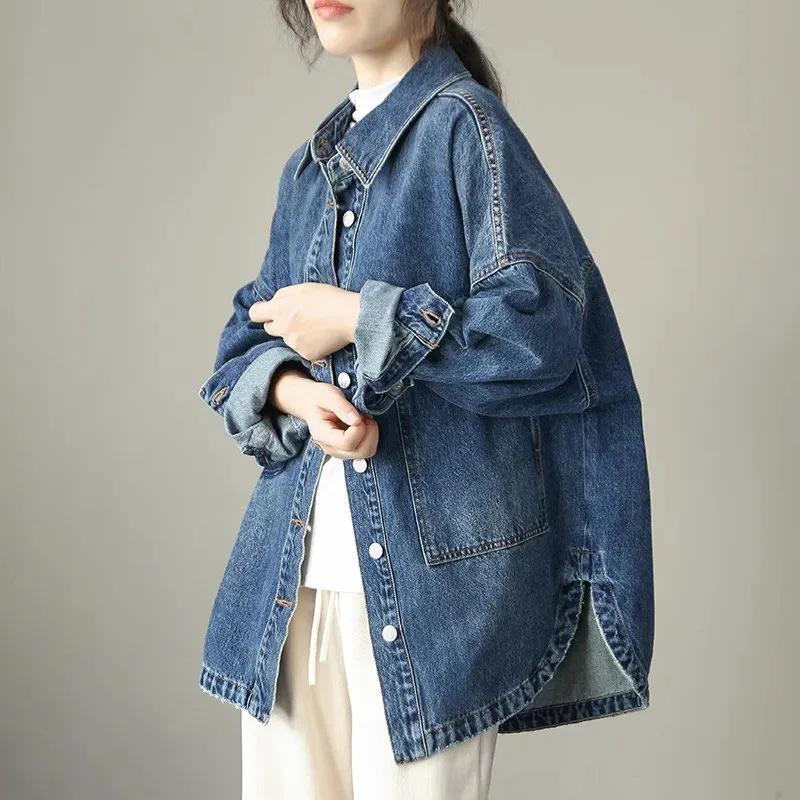 Весенне-осенняя мода Блузка с длинными рукавами Женская джинсовая рубашка Женская свободная куртка Женская