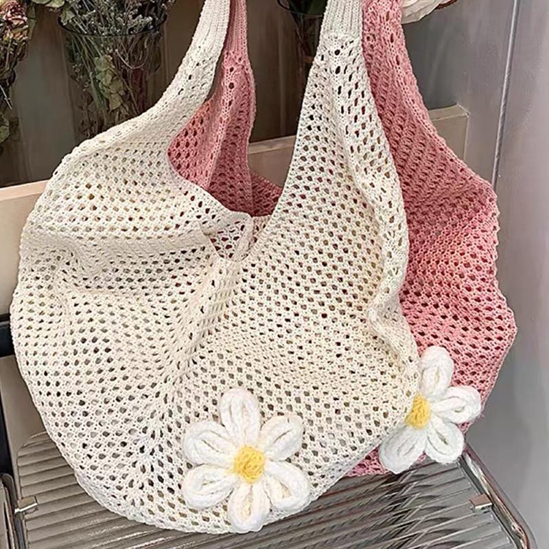 Women'S Braided Bag Korean Style Shoulder Tote Bag Lazy Style Knitted Hollow Flower Beach Bag
