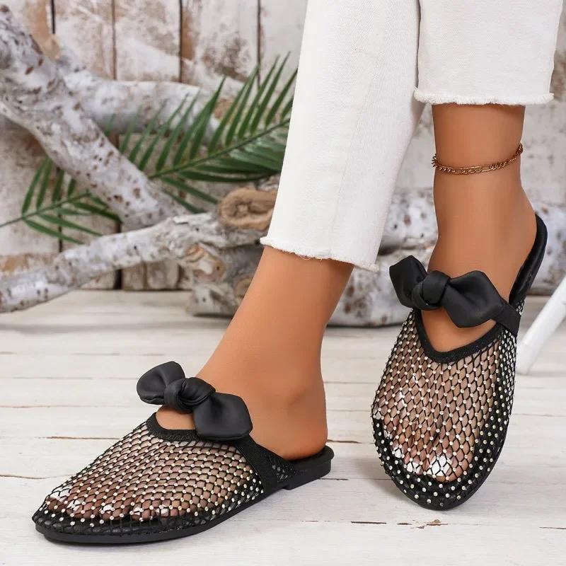 Модная женская обувь, хит продаж 2024 года, новые женские тапочки, летние, закрытый носок, однотонные, сетчатые, с бантом, на квадратном каблуке, повседневные тапочки