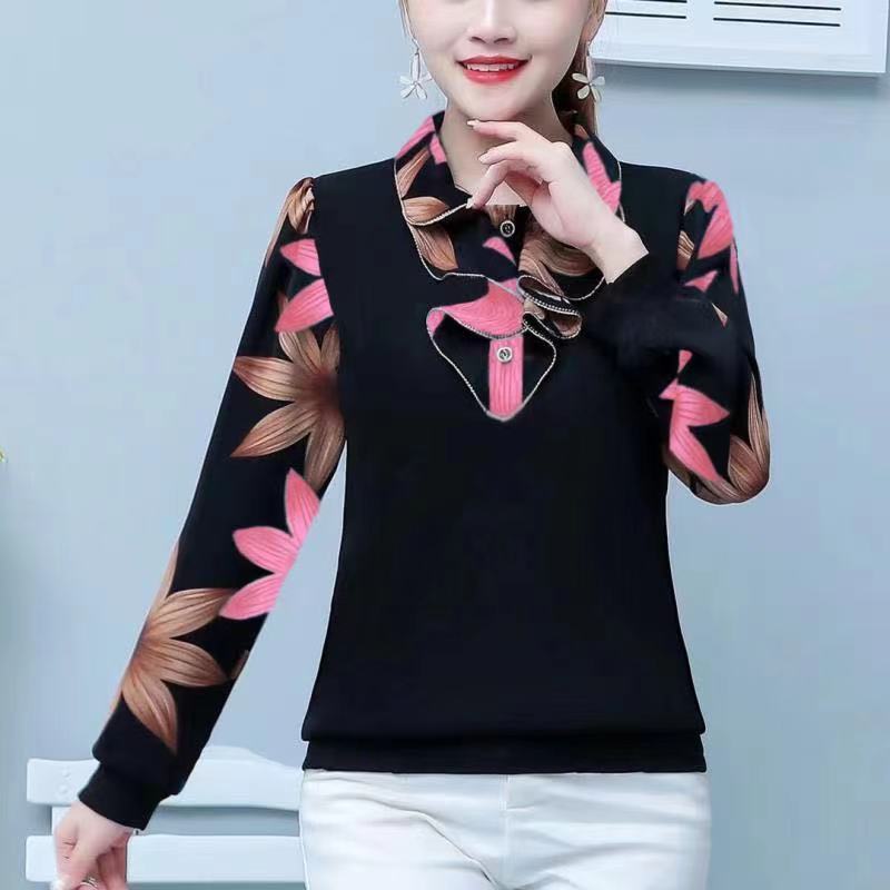M-5XL, весенне-осенняя новая женская рубашка поло, модная блузка с длинными рукавами для мам, свободная футболка с принтом