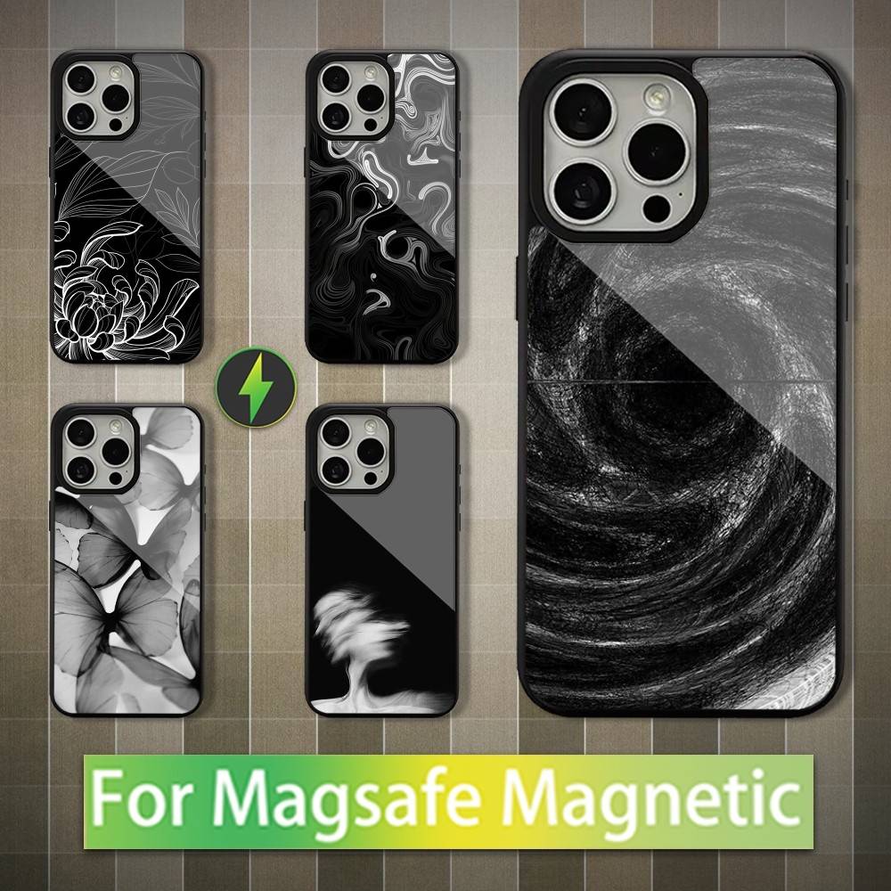 Fashion Pattern Black White Phone Case For iPhone 13,12,11,16,15,17,14,Pro,Max,Plus,Mini, For Magsafe,Magnetic Wireless Charging