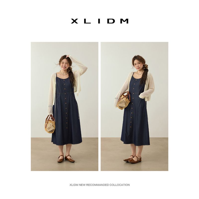 Xiao Li Plus Size Women's Blues-like Denim Suspender Skirt Drape Smocking Adjustable Fat MMA Word Dress