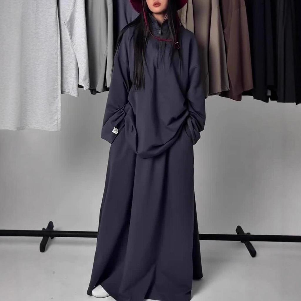 2025 Women's Casual Loose Drapey Half-Zip Top & Skirt Two-Piece Set