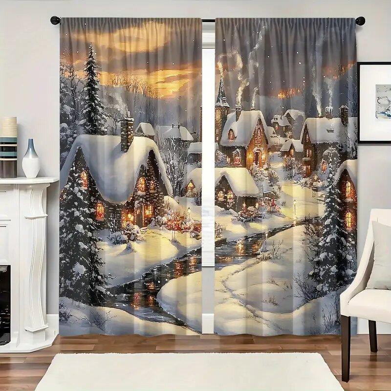 2 Pcs Christmas Snow House print curtains suitable for bedroom living room kitchen decoration home decoration window decoration