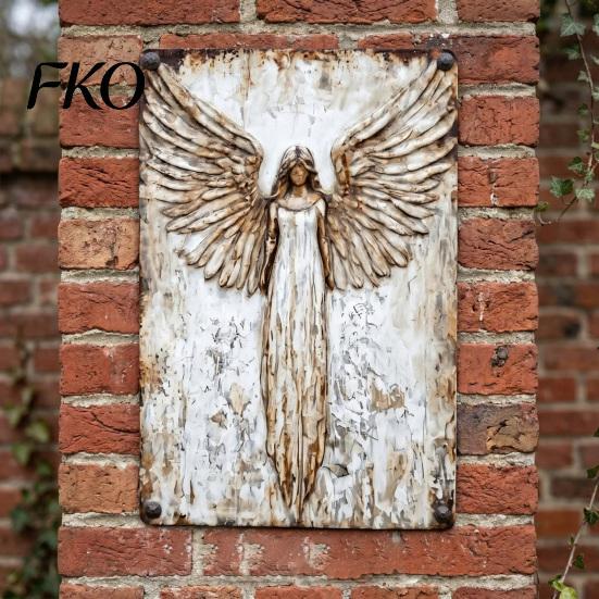 Angel Sculpture for Garden Rustic Guardian Metal Wall Art, Vintage Distressed Wings Hanging Scratch-resistant Outdoor Decor Plaque Farmhouse,