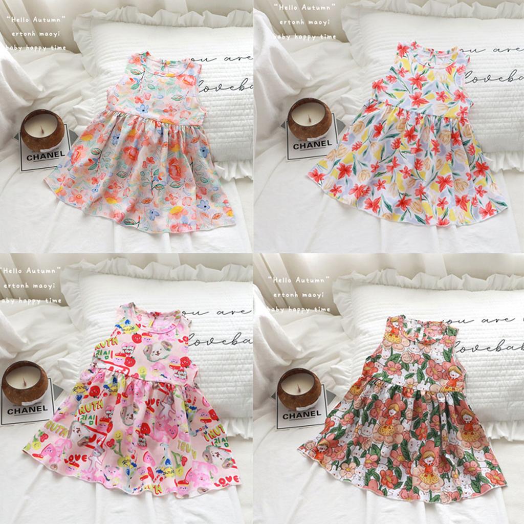 Новое летнее платье без рукавов с цветочным принтом для девочек ясельного возраста, милое дышащее свободное покрой легкое повседневное платье