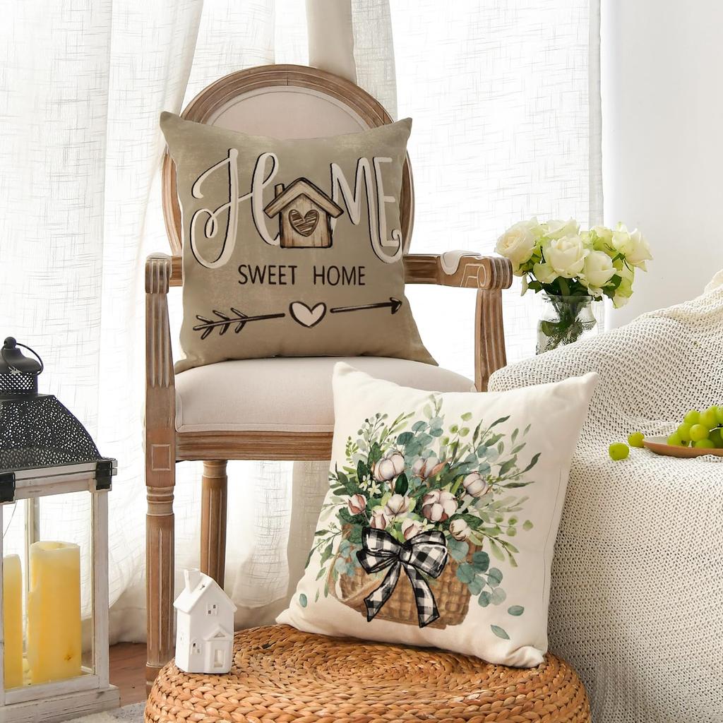 4 Pcs Double Sided Farmhouse Cushion Covers, Eucalyptus Cotton Truck Home Quote Rustic Throw Pillow Cases (No Inserts)