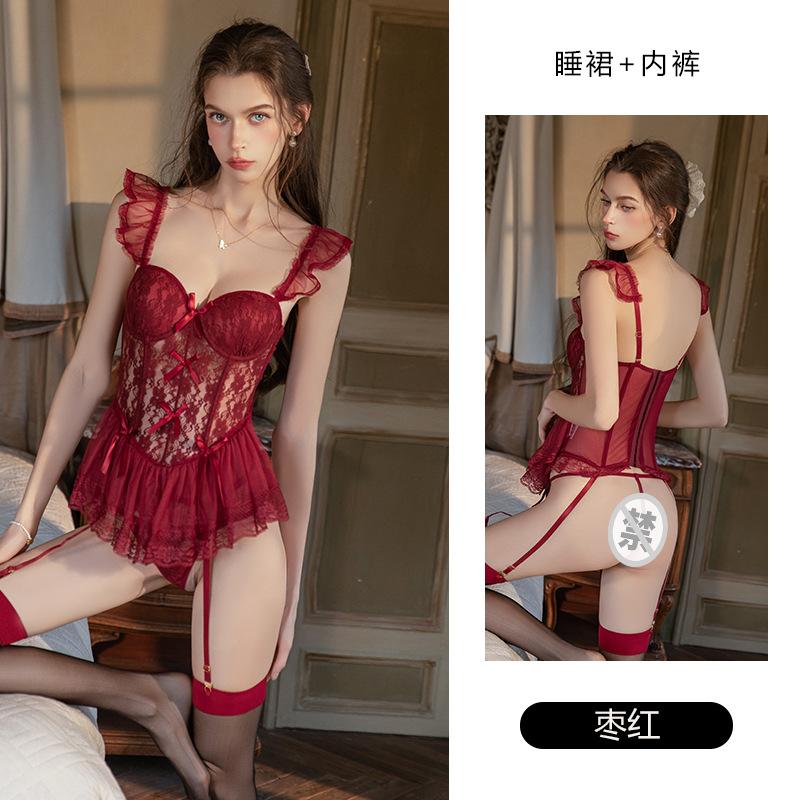 Women's Plus Size Sheer Mesh Lace Underwire Push Up Padded Costume Dress Set