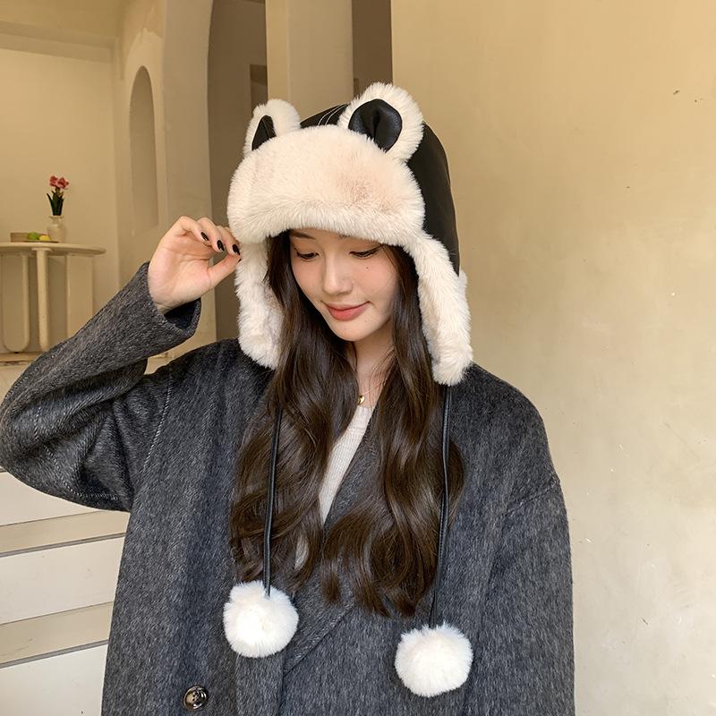 Women's Winter Leather Plush Lei Feng Hat with Panda Earmuffs - Windproof and Cute for Outdoor Cycling