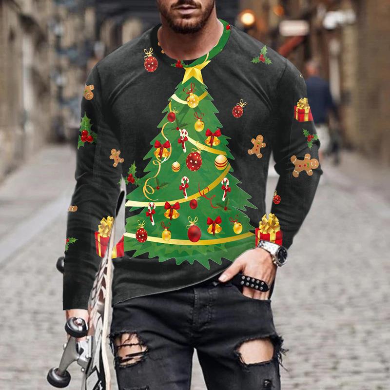 Осенняя футболка, новая мужская футболка с длинным рукавом и цифровым принтом, свободная толстовка с круглым вырезом и рождественским принтом, 3D футболка