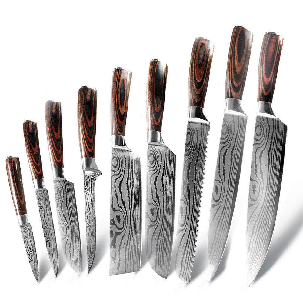 Stainless Steel Laser Grain Chef's Knife Color Wood Handle Imitation Damascus Kitchen Knife Japanese Santoku Bone Cutter Bread Fruit Knife