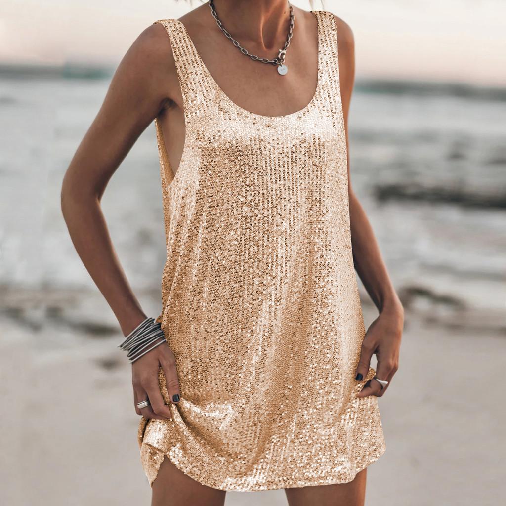 Sequin U Neck Sleeveless Loose Dress With High Waist For Casual And Party Wear