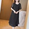 Feel Slippery Summer Black Loose Chiffon Short Sleeve Round Neck Loose Wave Point Dots Mid-length Skirt