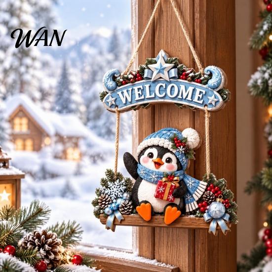 Rustic Christmas Welcome Sign for Front Door, 2D Flat Santa Claus/Snowman/Elk Swinging Wooden Traditional Ornaments Hanging Sign, Holiday Door Hanger