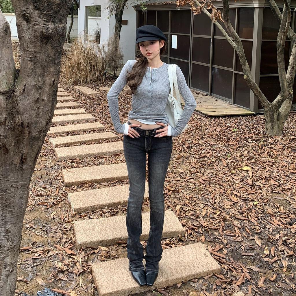 American Spice Girl low-rise micro-pull jeans women's autumn and winter new elastic and thin versatile horn floor pants