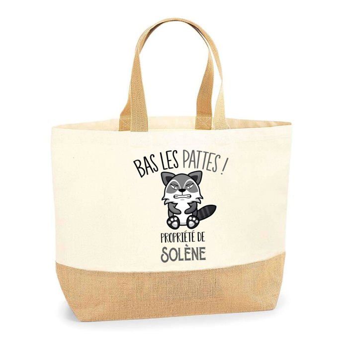 Sac cabas - PLANETEE - Solène «Bas les pattes» Raton laveur - Jute naturel - Imprimé en France - Grande contenance