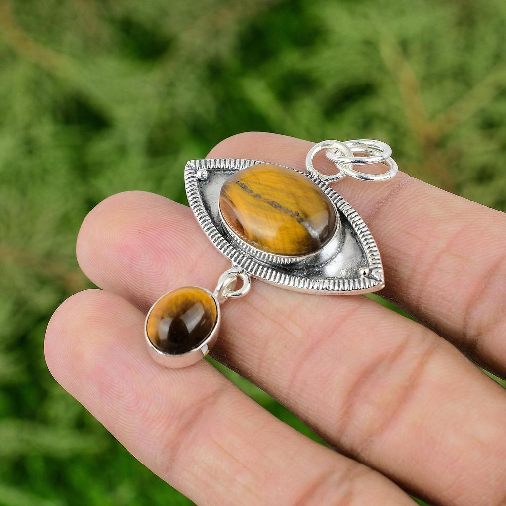 Oval Tiger's Eye Gemstone Sacral Chakra Bezel Elegant Pendant Sterling Silver