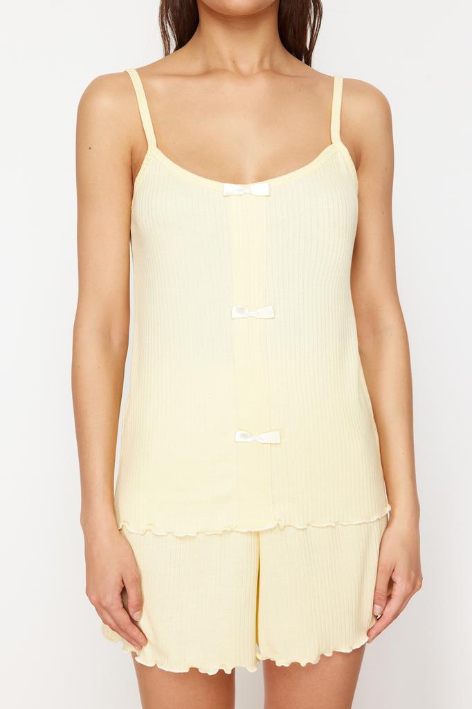 Women's Fashion New Pajama Set Yellow Ribbon Detailed Corded Knitted Pajama Set
