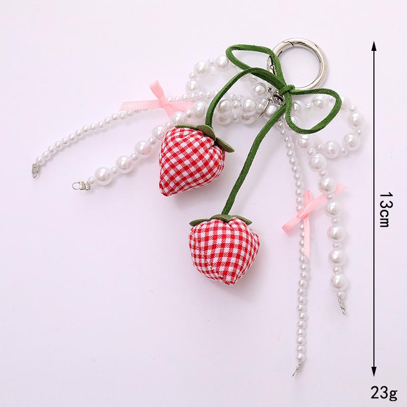 Floral Bag Charm With Pearl Chain Fabric Strawberry Pendant With Pink Bow Cute Cottagecore For Backpack Purse Decor Bag Charm