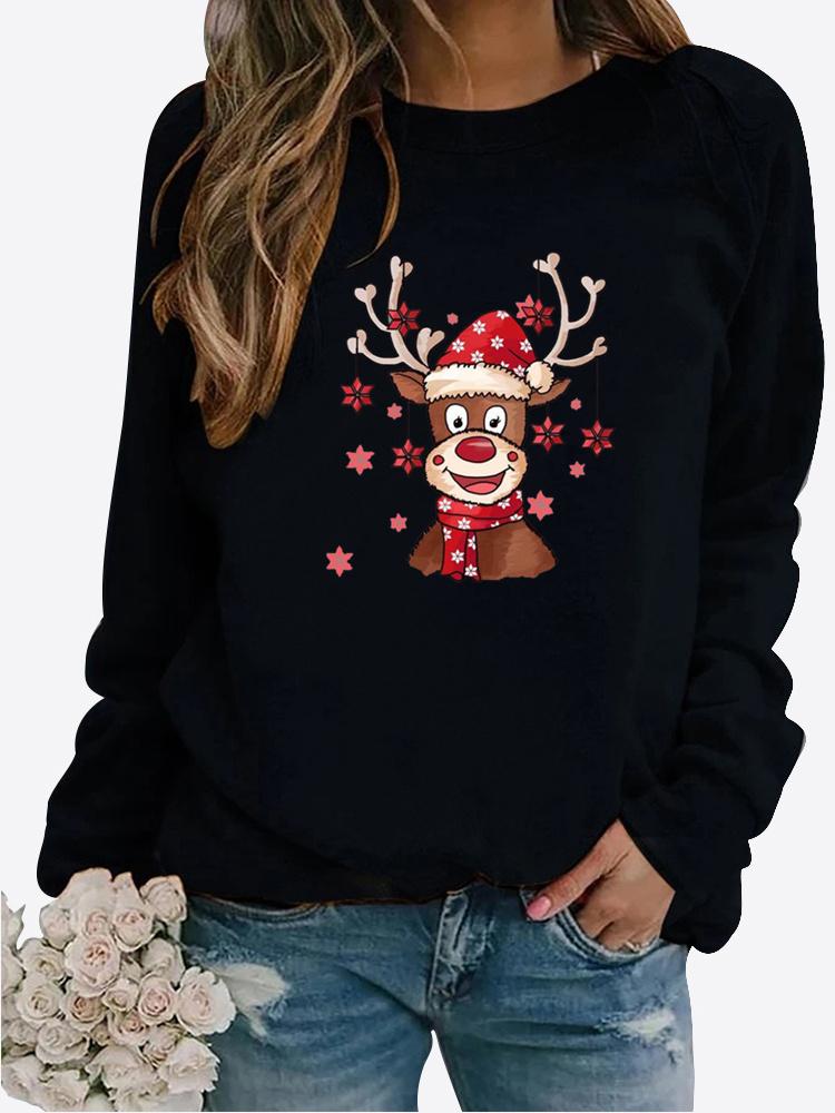 Зимняя женская повседневная толстовка с длинными рукавами и принтом Санта-Клауса, женская свободная футболка с круглым вырезом, топы больших размеров, свитер с длинными рукавами