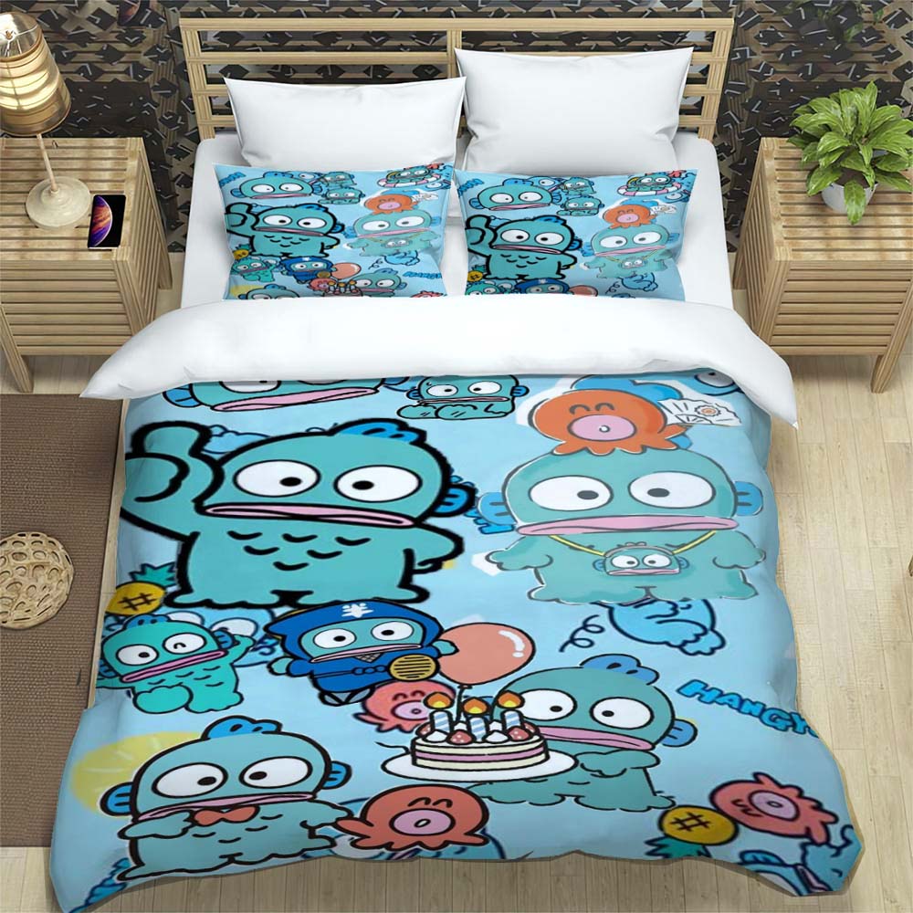 The virtual cartoon character HANGYODON themed three piece bedding set, including duvet covers and pillowcases, is the perfect