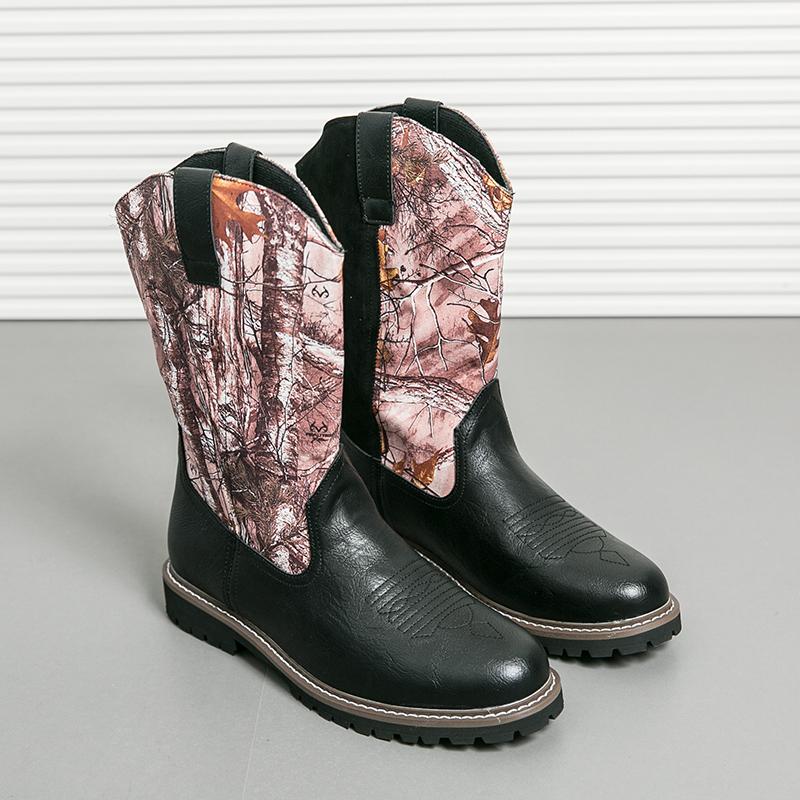 Men Knight Boots Black Brown Tall Work Boots European and American Style Leaf Graffiti Western Cowboy Motorcycle Boots Size 38-4