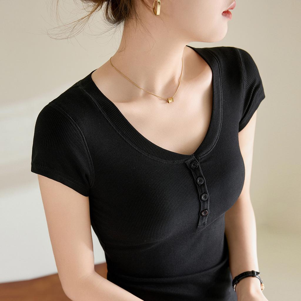 Женская летняя футболка из тонкого и эластичного хлопка с V-образным вырезом и короткими рукавами на пуговицах