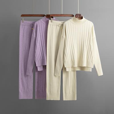 Женский вязаный спортивный костюм, водолазка, свитер, брюки, повседневный модный костюм, однотонный свитер, осенние свободные комплекты из двух предметов