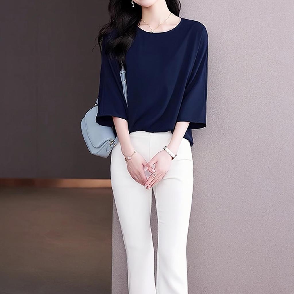 Блузка для свободного летнего делового стиля [Lalapala] Женская, рукав 3/4, летняя, шифоновая, топ, приталенная, простая, тонкая, шелковистая, пуловер, костюм, нижнее белье, шелковистая,