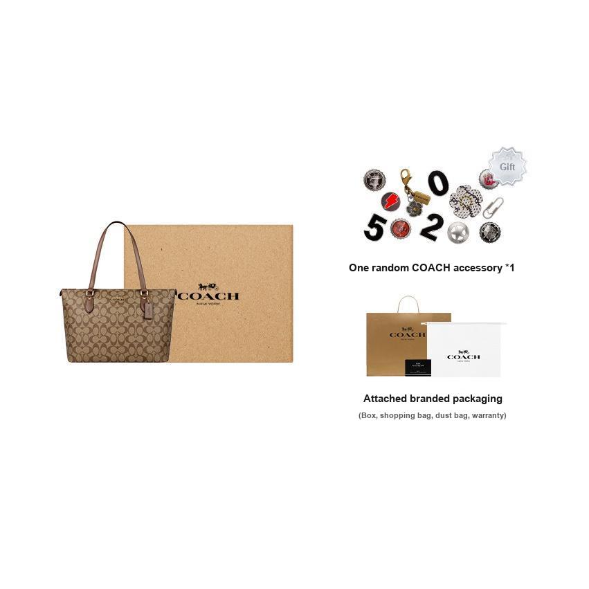 New COACH Zip Top Tote Canvas With Leather Tote Bag, Shopping Bag, Handbag, Shoulder Bag Women's Khaki & White CH504-IME74