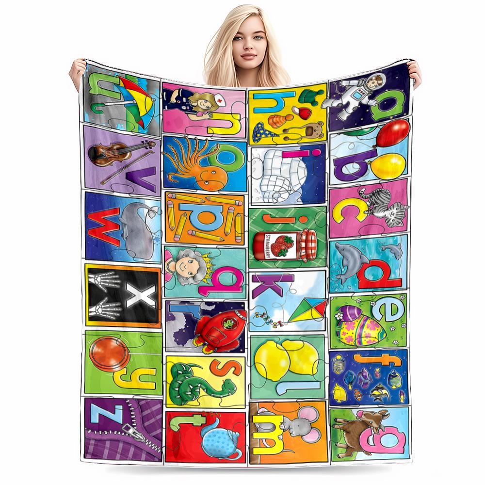 Alphabet Animals and Objects Keep warm DesignFlannel blanket for bedroom, living room, sofa, and nap