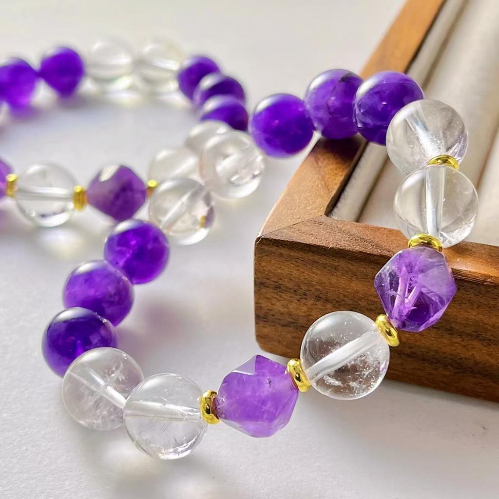 Vintage 12Mm Natural Amethyst White Crystal Design Bracelet Bracelet