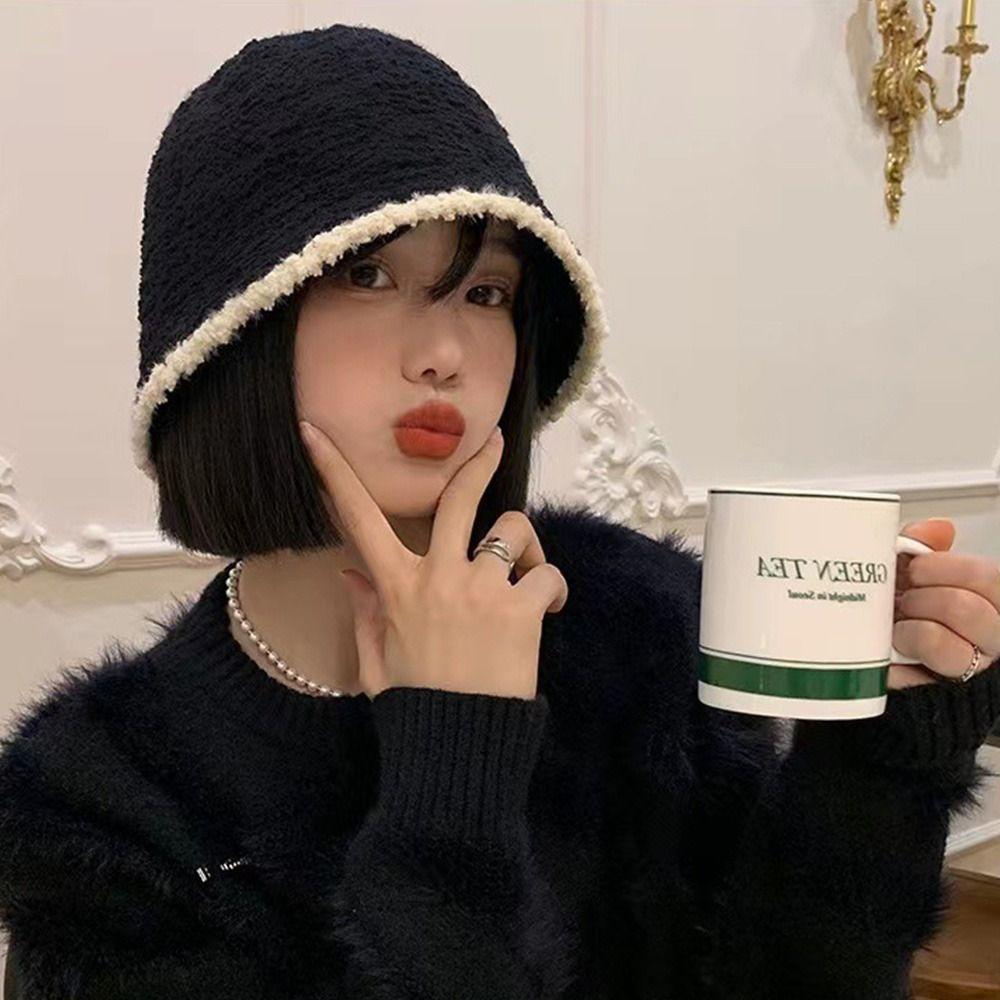 Милая женская мягкая эластичная контрастная кружевная шляпа-панама, вязаная шапка, шляпа-ведро, толстая теплая