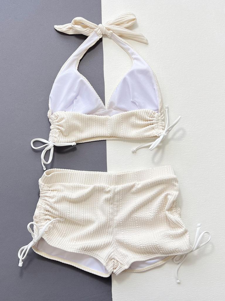 Women's Swimsuit Solid Color Halter Neck Sexy Backless High Waist Boxer Shorts Split Swimsuit Bikini Beachwear Bathing Suits