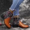 Fashion Women Retro Mid Heels Pointed Casual Ankle Boots Ethnic Autumn Flower Patterned Patchwork Short Boots Botas Mujer Booties Shoes