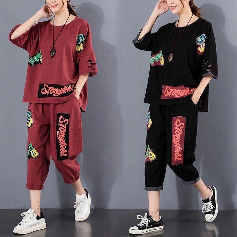 Loose Short Sleeve Women's T-Shirt and Seven-Foot Pants Casual Fashion Two-Piece Set with Patchwork Summer