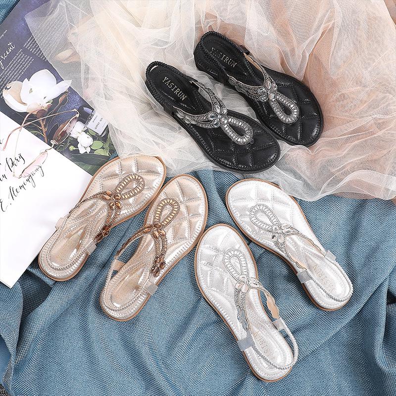 Сандалии на плоской подошве со стразами, большой размер, плоский каблук, выдолбленный, бохо, удобные женские туфли, лето